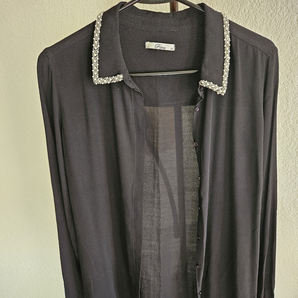 Black Button Blouse Shirt with Beading Embellishment on Collar Edge - Size S